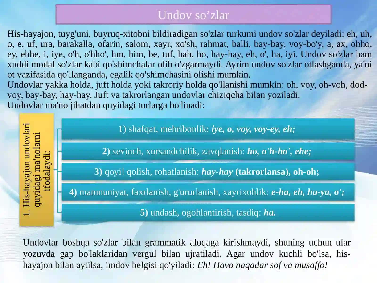 Undov, taqlid va modal so'zlar, ularning uslubiyoti 2