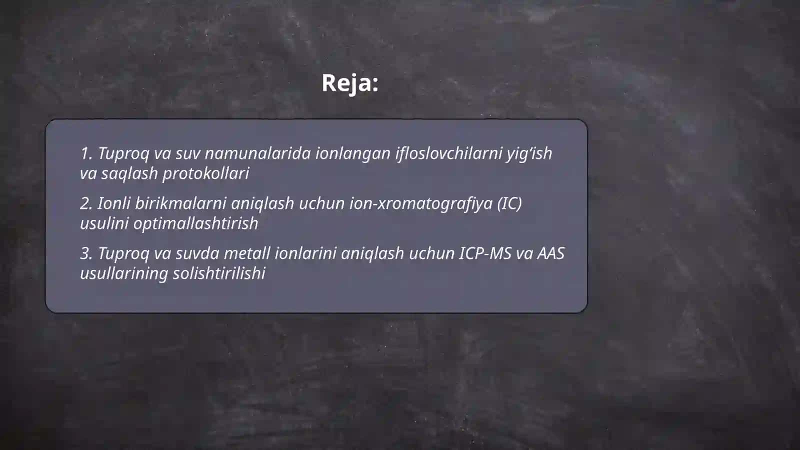 Tuproq va suvning ifloslanishida ion bog'lanishli birikmalarni aniqlash 2