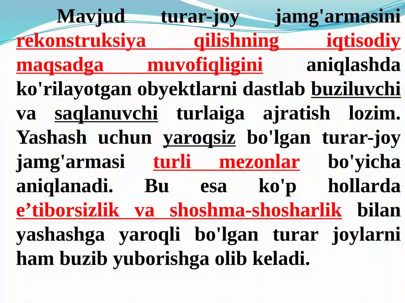 REKONSTRUKTSIYA QILINADIGAN TURAR-JOY JAMG’ARMASINING TEXNIKAVIY HOLATI 2
