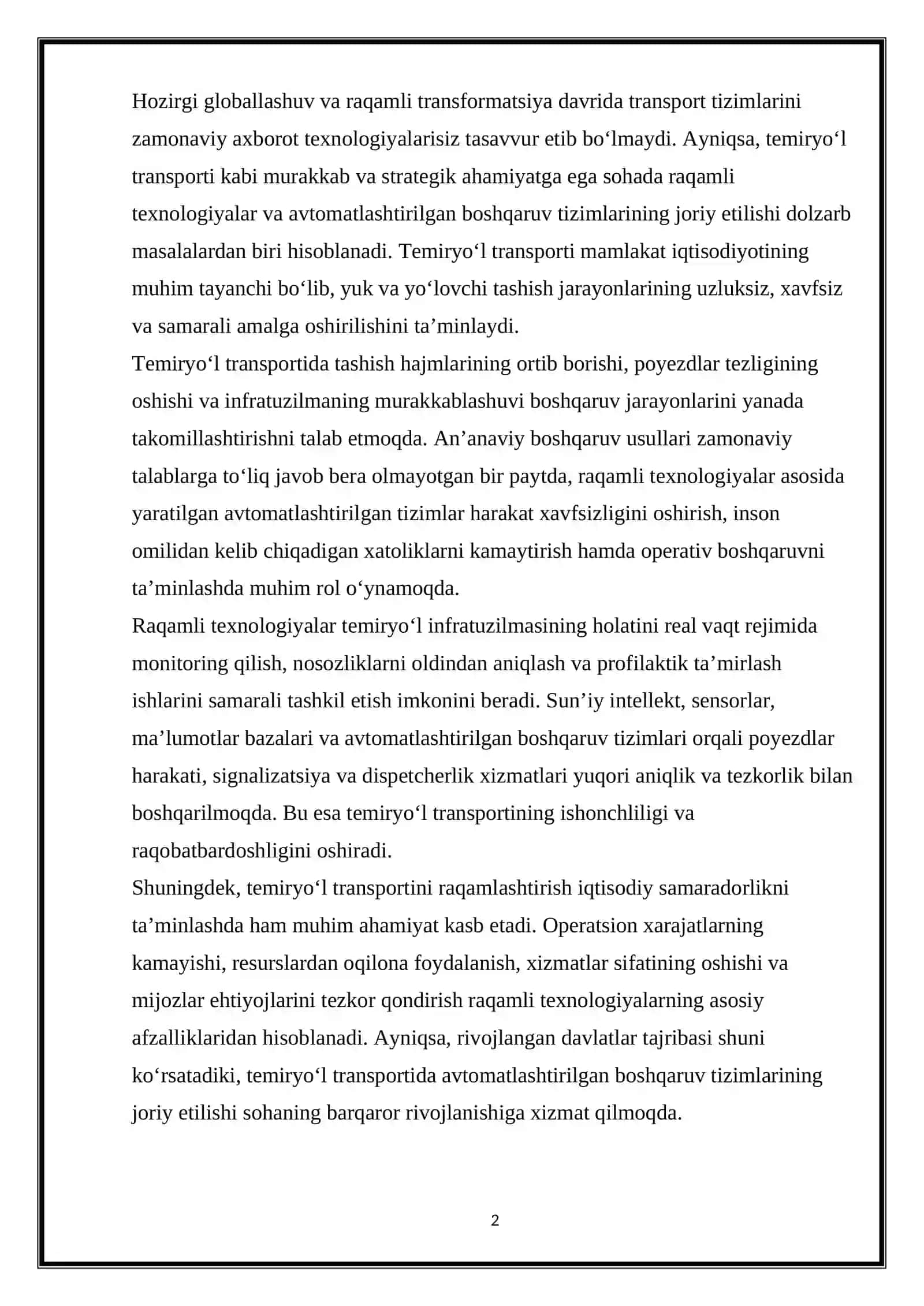 Temiryo‘l transportida raqamli texnologiyalar va avtomatlashtirilgan boshqaruv tizimlari 2