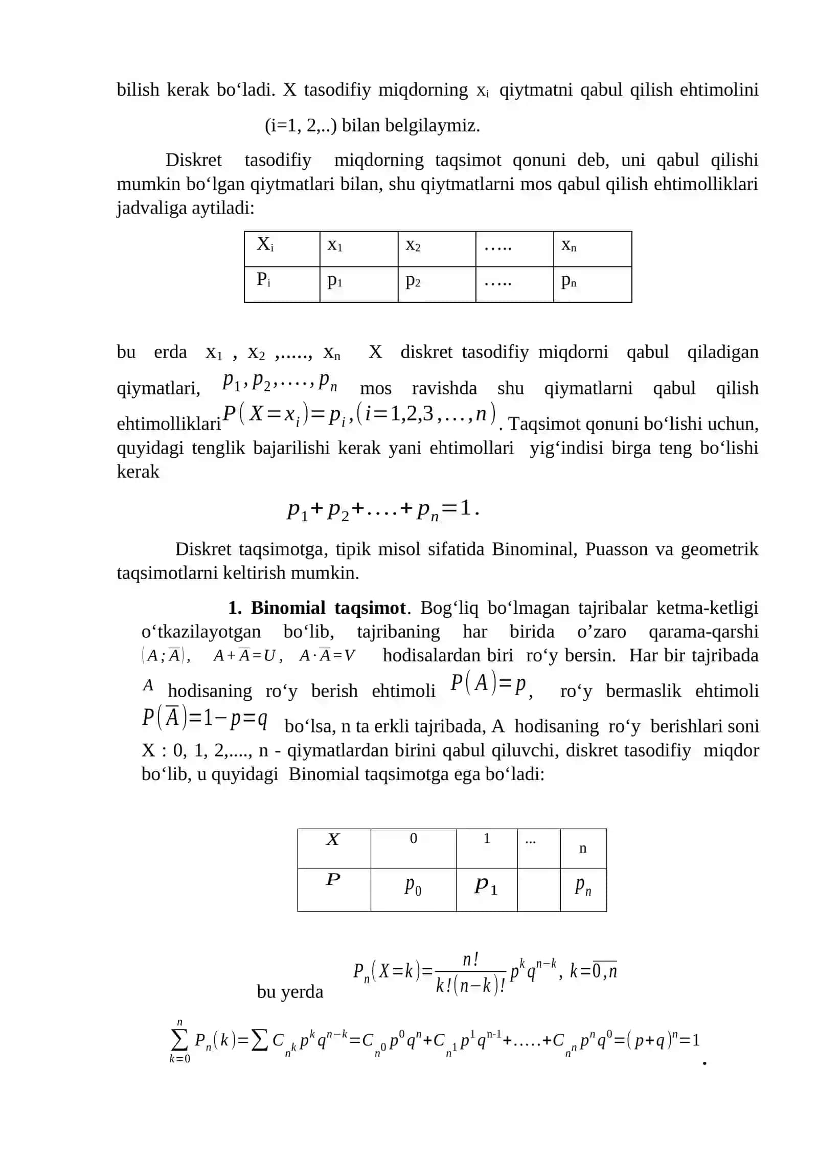 Tasodifiy miqdorlar. Taqsimot qonuni. Taqsimot funksiyasi uning xossalari. Tasodifiy miqdorning sonli xarakteristikalari.Amaliyotda ko’p uchraydigan ba’zi bir taqsimotlar.Ko’p o’lchovli tasodifiy miqdorlar.Ikki o’chovli tekis va normal taqsimotlar 2