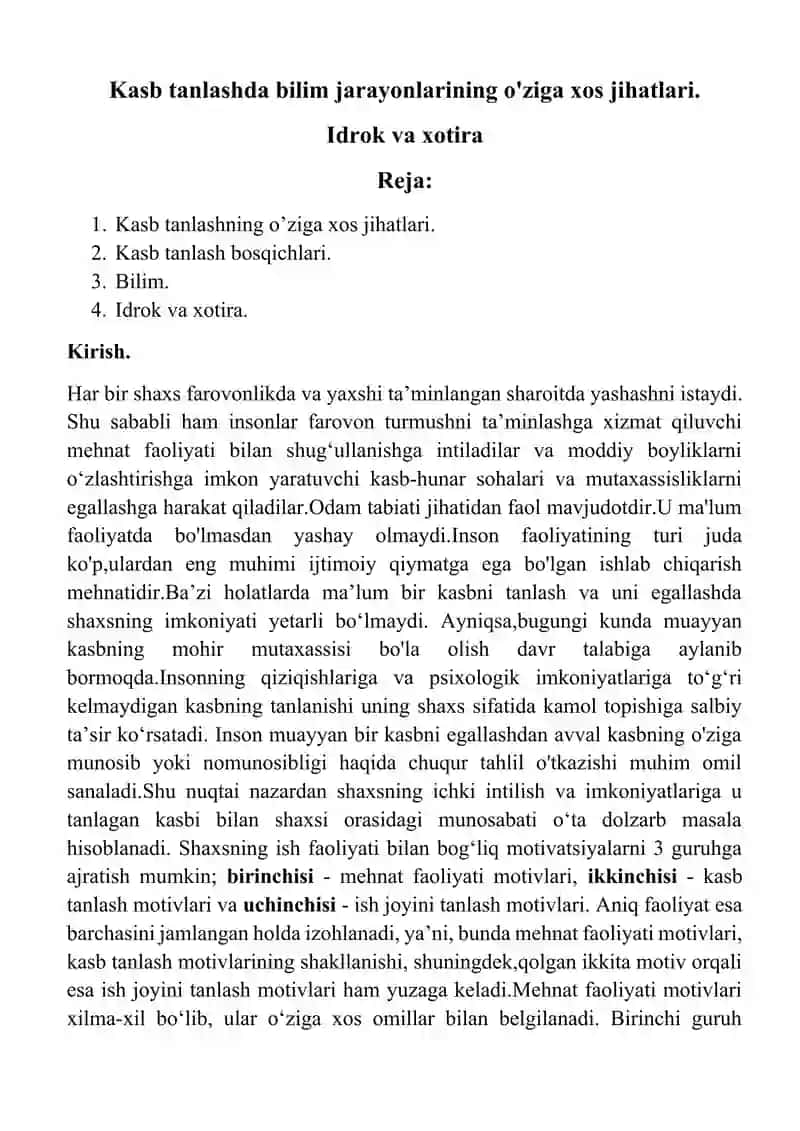 Kasb tanlashda bilim jarayonlarining o'ziga xos jihatlari.  Idrok va xotira 2
