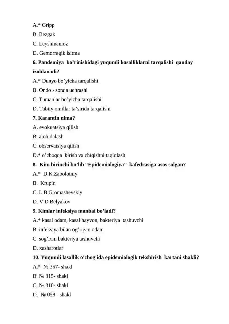 Tibbiyot parazitologiyasi va epidemiologiya asoslari fanidan test, javoblari bilan ( mavzulashtirilgan test) 2