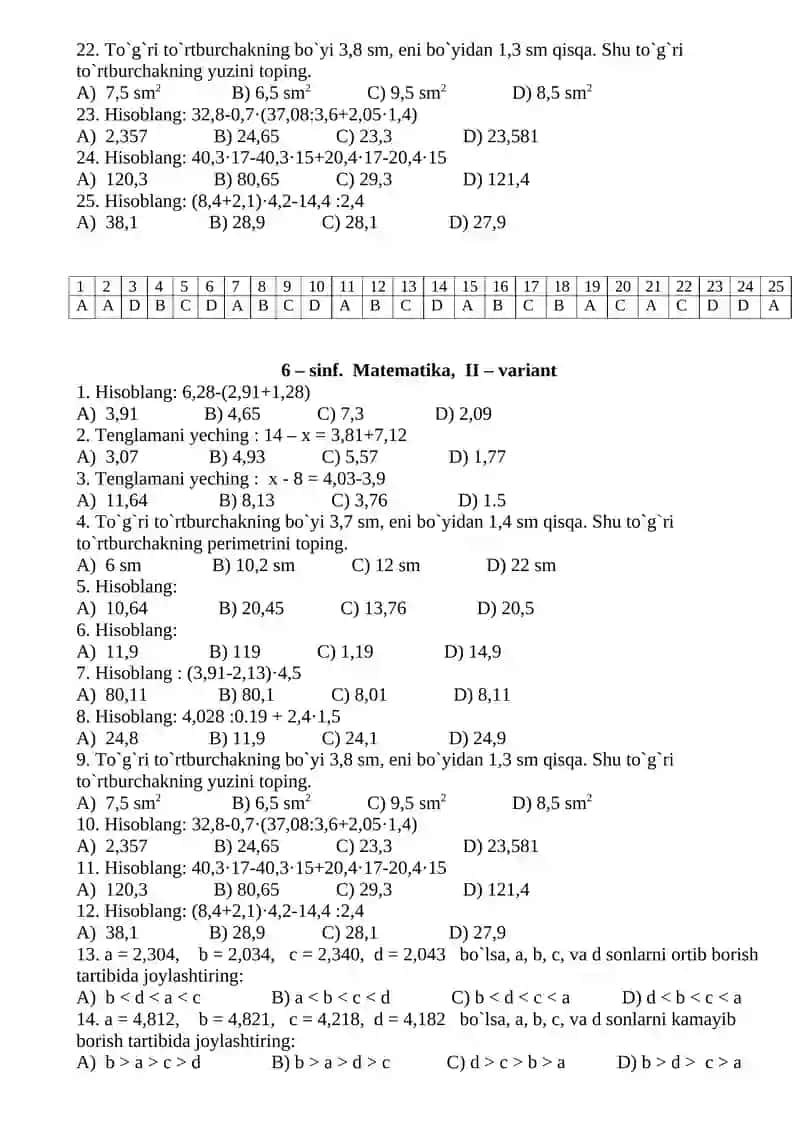 Matematika Sinflarining Test Savollari 2