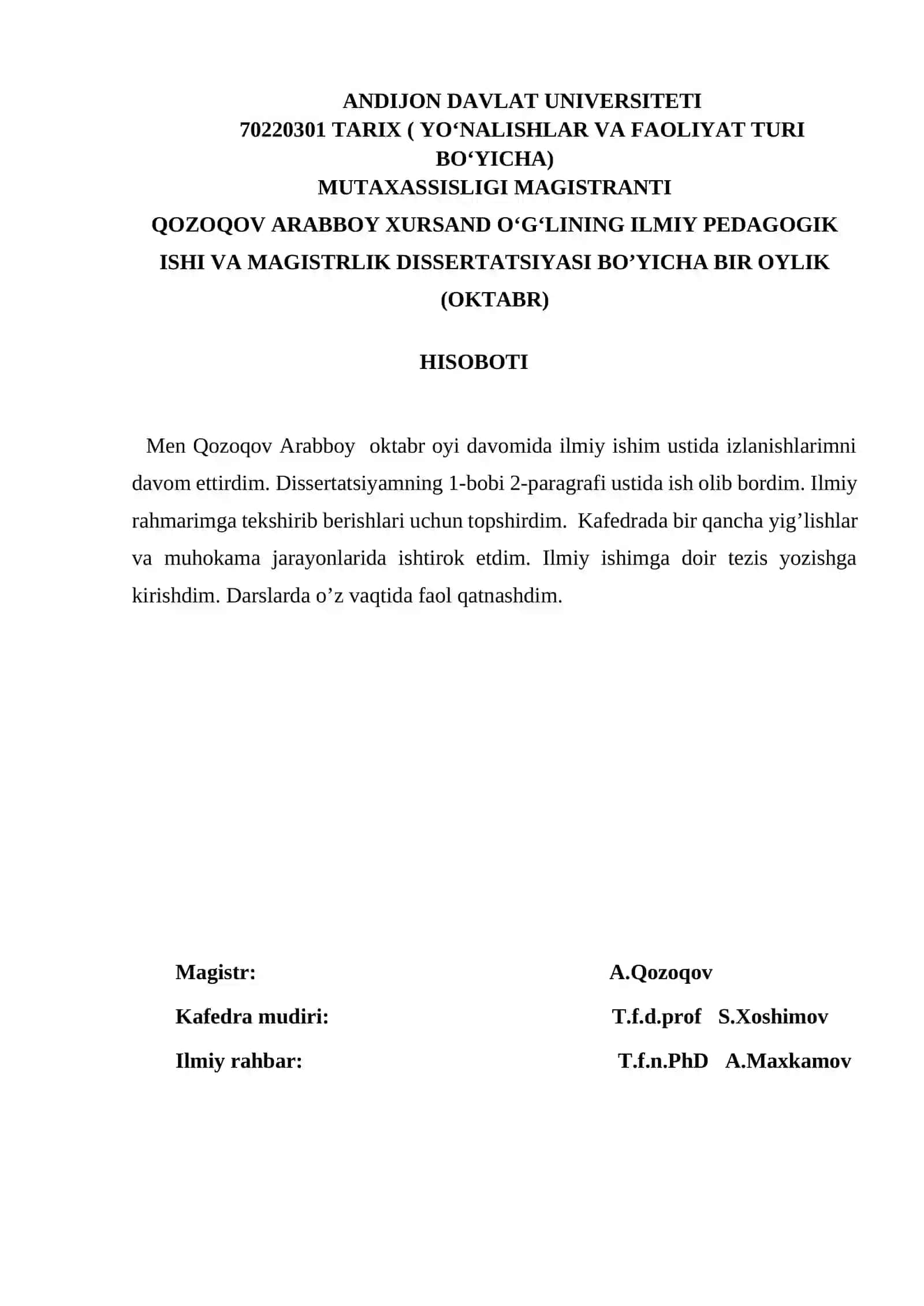 ILMIY PEDAGOGIK ISHI VA MAGISTRLIK DISSERTATSIYASI BO’YICHA BIR OYLIK (SENTABR) HISOBOTI 2