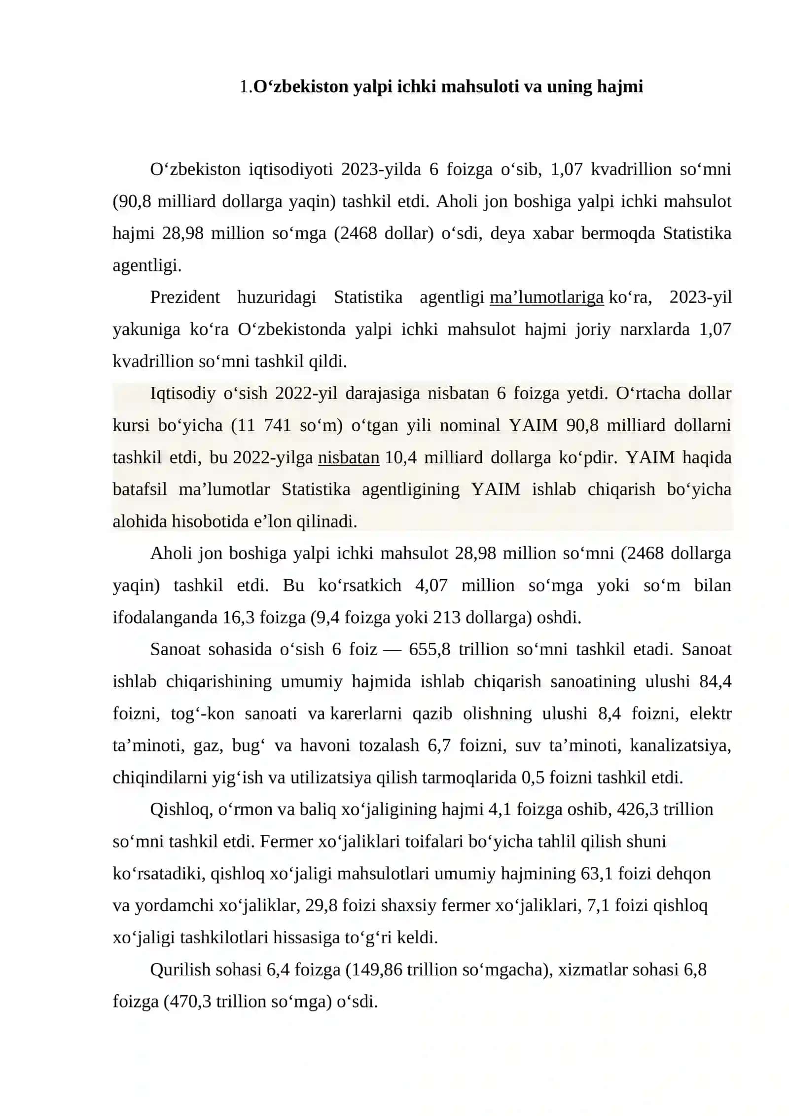 O'zbekiston respublikasining yalpi ichki mahsulot tarkibidagi o'zgarishlar tahlili 2
