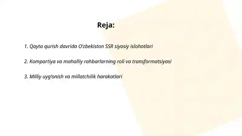 Qayta qurish yillarida O‘zbekistondagi ijtimoyi siyosiy vaziyat 2