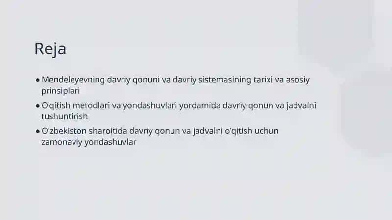 Mendeleevning davriy qonuni va davriy sistemasini o'qitish metodikasi 2