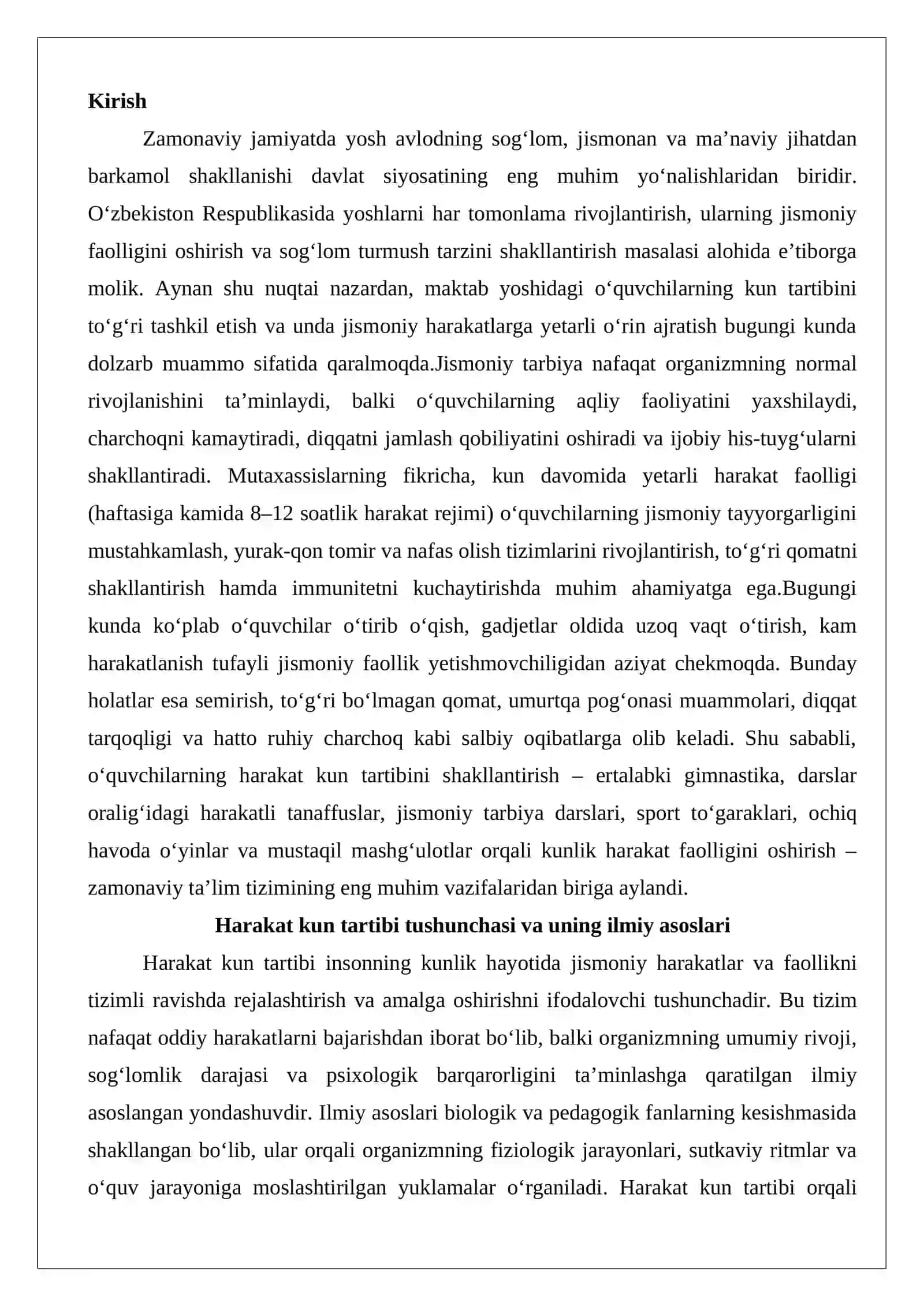 O‘quvchilarning harakat kun tartibini shakllantirishga yo‘naltirilgan jismoniy tarbiya 2