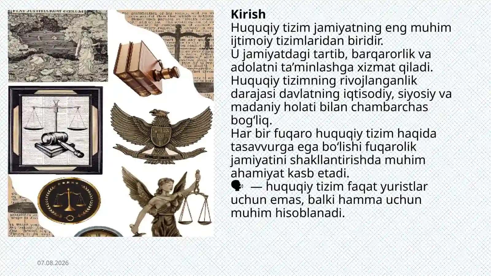Huquq tizimi va huquqiy tizim tushunchasi hamda uni  asosiy elementlari. 2