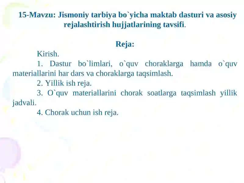 Jismoniy tarbiya bo`yicha maktab dasturi va asosiy rejalashtirish hujjatlarining tavsifi 2