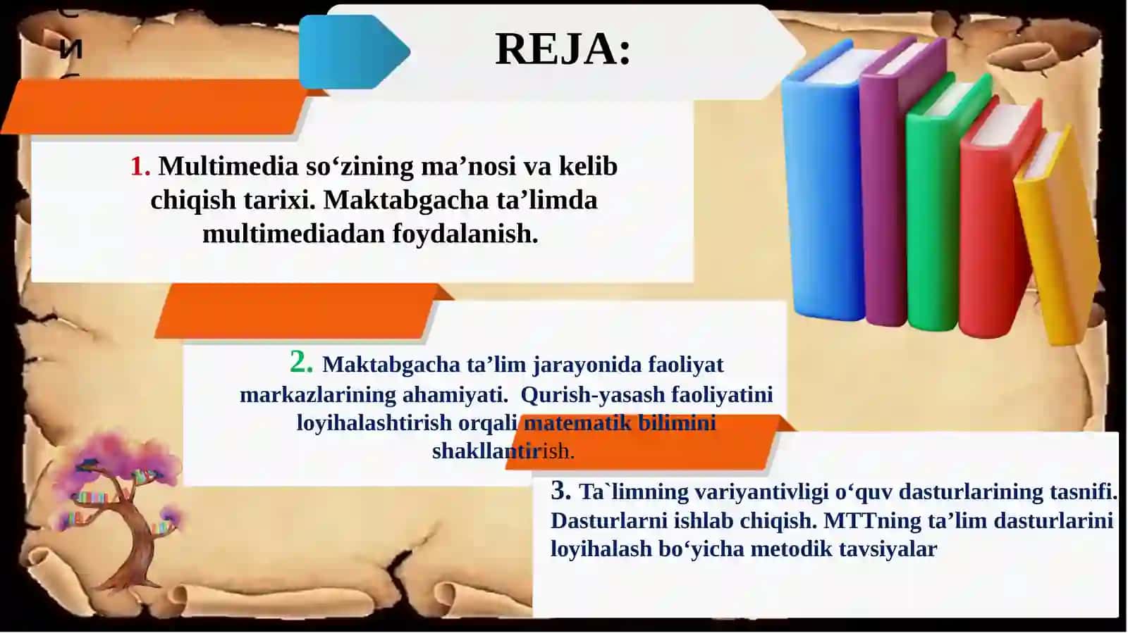 MAKTABGACHA TA’LIMDA MULTIMEDIADAN FOYDALANISH.MAKTABGACHA YOSHDAGI BOLALAR UCHUN SYUJETLI-RO’LI O’YINLARNI LOYIHALASHTIRISH.MAKTABGACHA TA’LIM TASHKILOTLARIDA TA’LIM DASTURLARINI ISHLAB CHIQISH 2