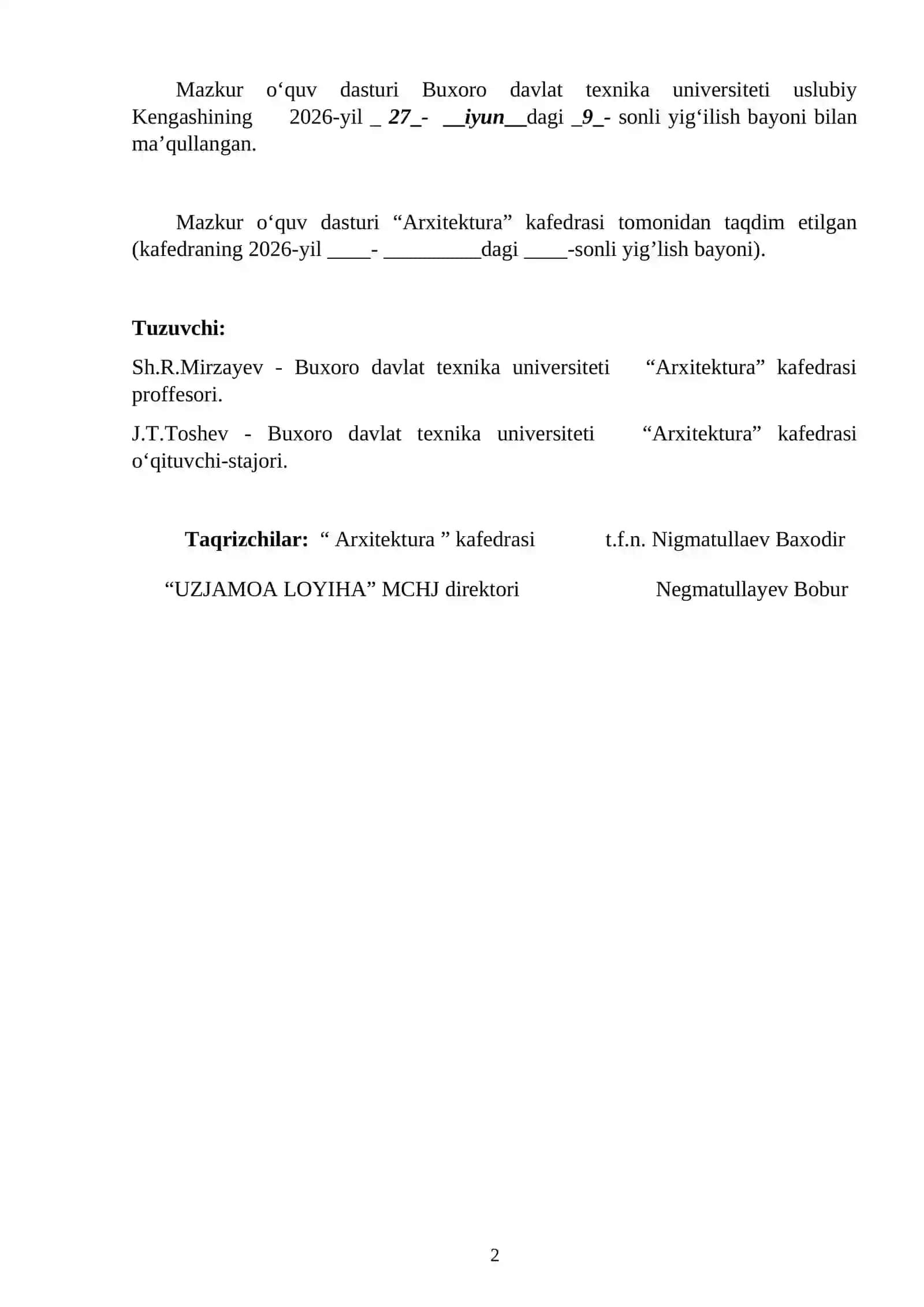 Arxitekturaviy skeytching fanining o‘quv dasturi 2