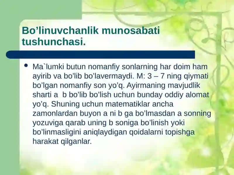 M: 3 – 7 ning qiymati bolgan nomanfiy sonlar yo’q 2