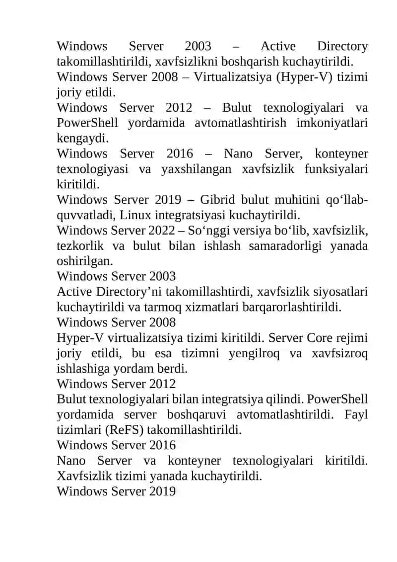 Windows Server OT talqinlarining funksional imkoniyatlari 2