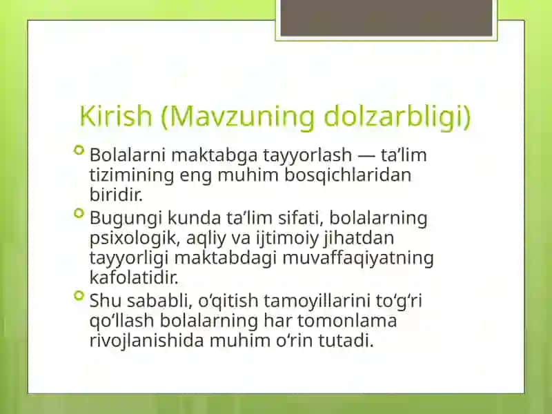 Bolalarni maktabga tayyorlash fanlarini o’qitish tamoyillari 2