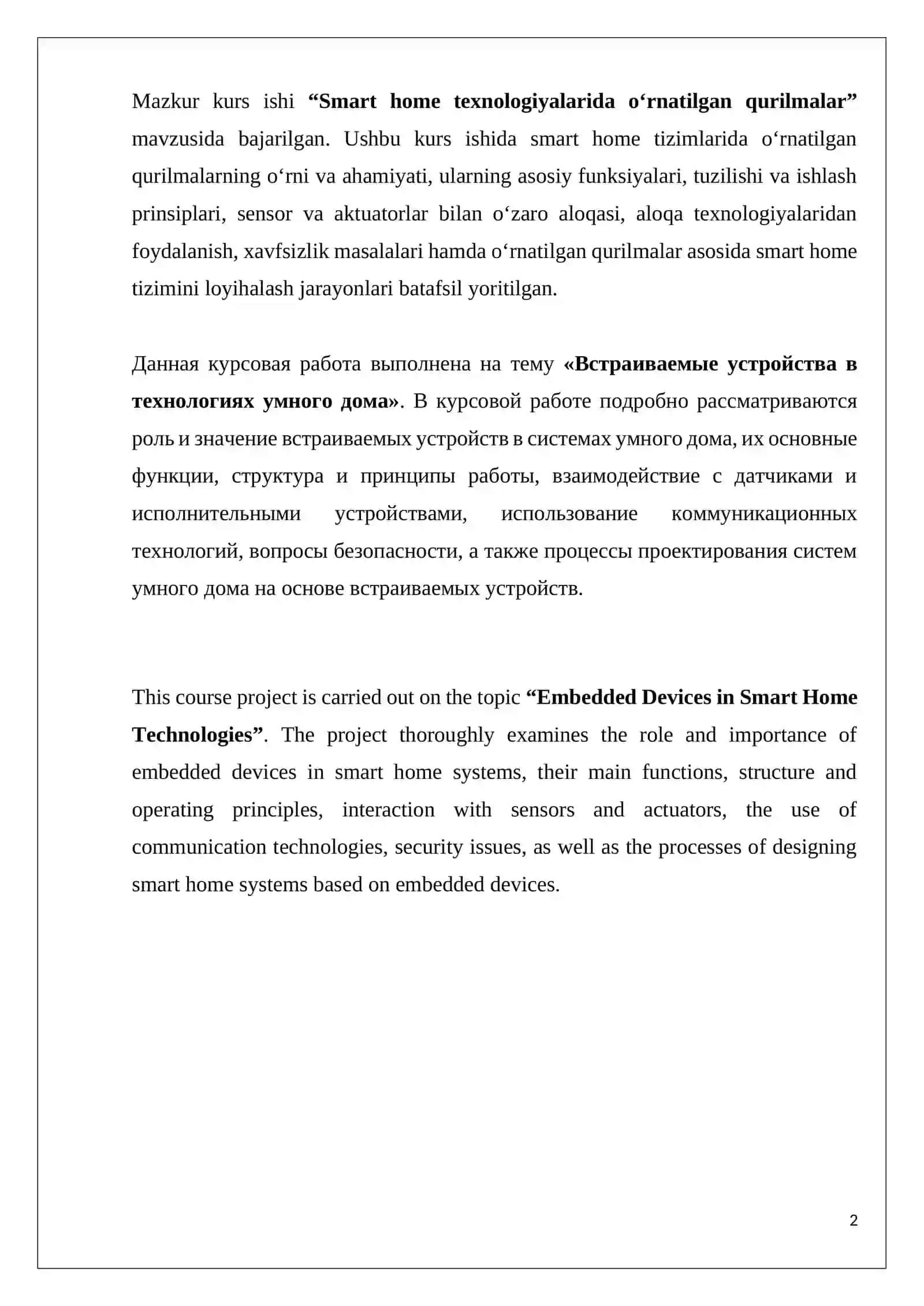 SMART HOME TEXNOLOGIYALARIDA O‘RNATILGAN QURILMALAR KURS ISHI ISHIGA HISOBOT YOZUVI 2