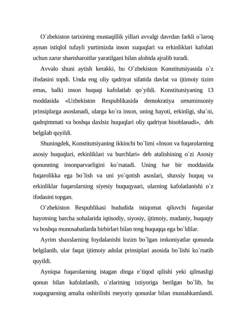 O`zbekistonda inson huquqlari va erkinliklari kafolatining yaratilishi 2