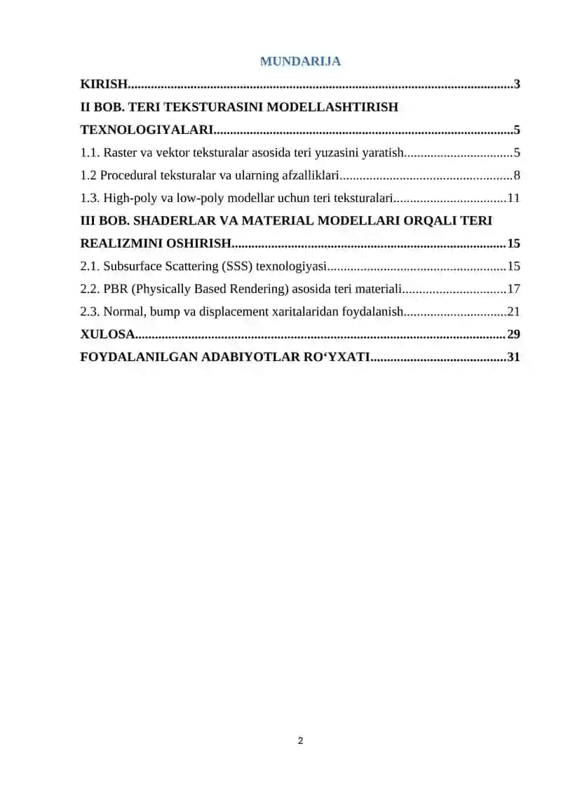 Kompyuter grafikada teri teksturasini modellashtirish usullari 2