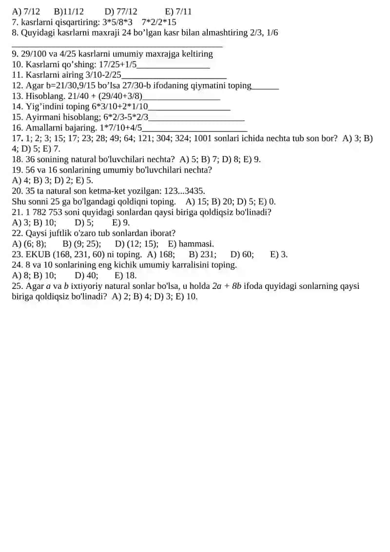 6-sinf Matematika 1-CHORAK 1- VARIANT 2