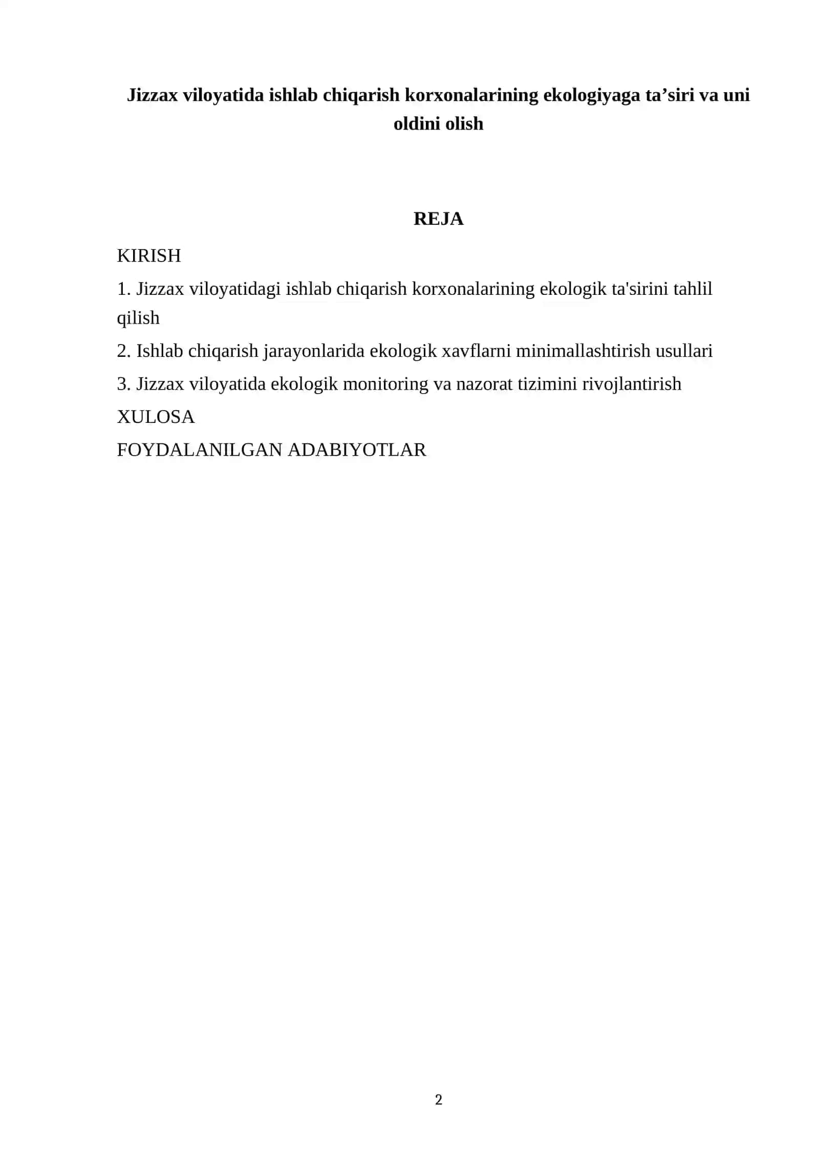Jizzax viloyatida ishlab chiqarish korxonalarining ekologiyaga ta’siri va uni oldini olish 2