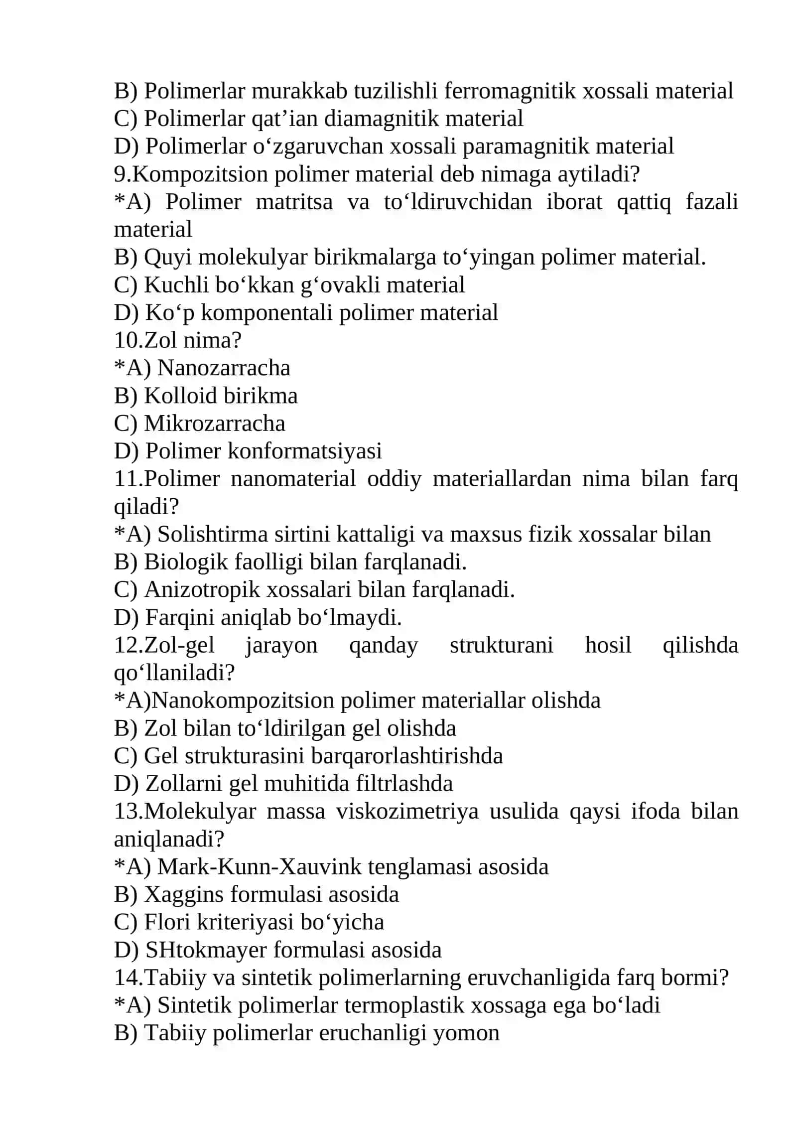 YUQORI MOLEKULYAR BIRIKMALAR KIMYOSI FANIDAN TEST. 2