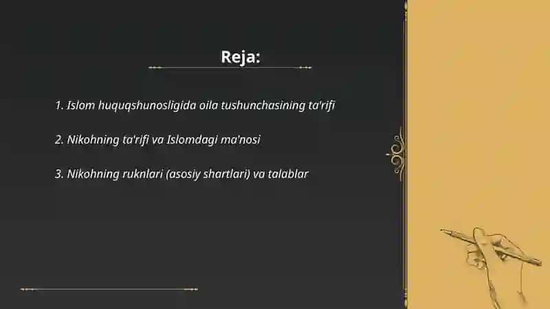 Islom huquqshunosligida oila, nikoh, taloq, idda, zihor tushunchalarini ta'riflash 2