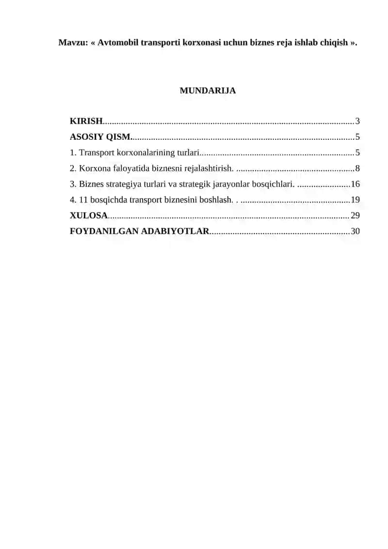 Avtomobil transporti korxonasi uchun biznes reja ishlab chiqish 2