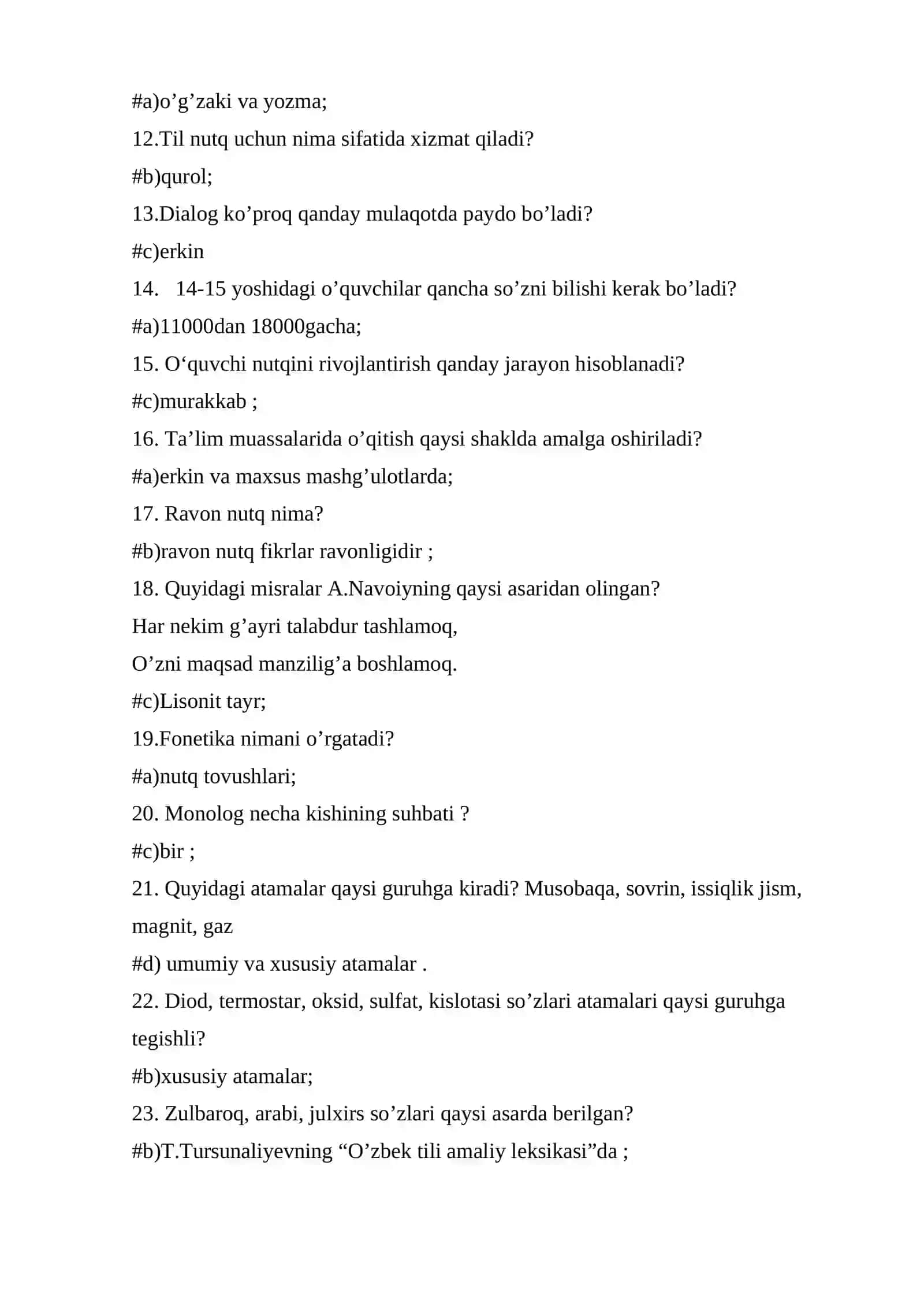Ona tili test, javoblari bilan 2