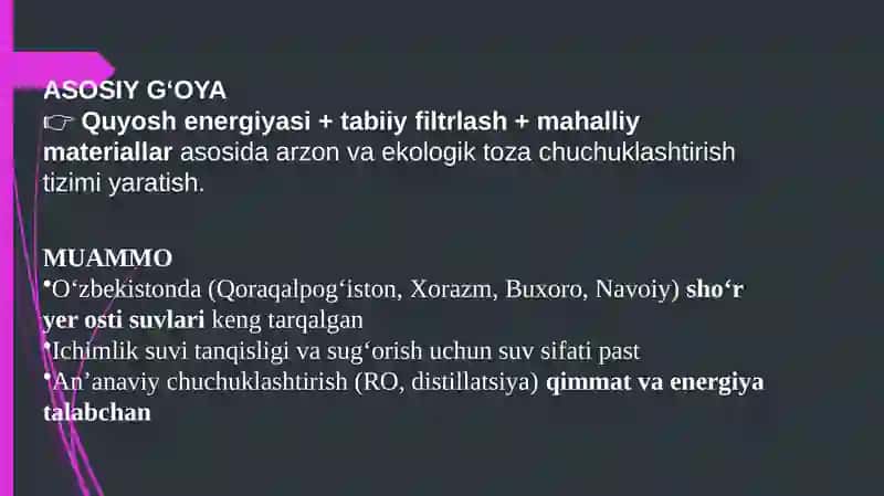 O'zberistonsharoitidasho'r suvlarni chuchuklashtirish g'oyasi 2