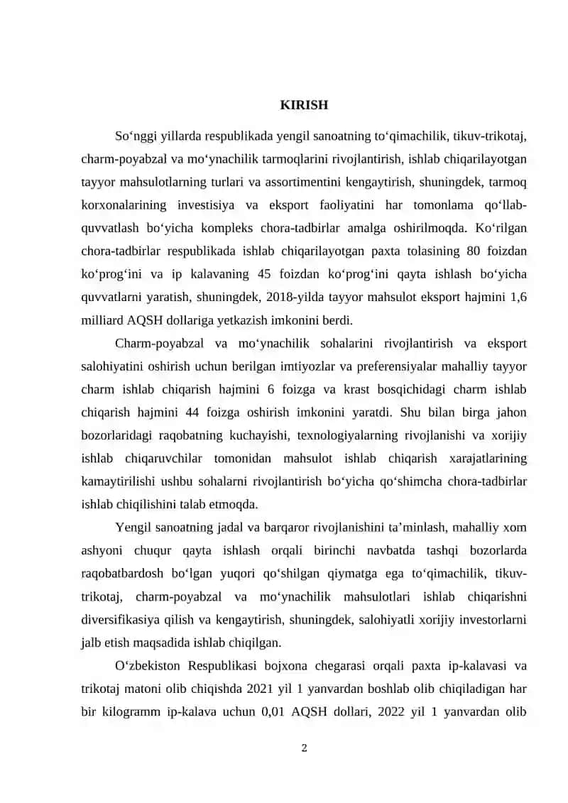 “Satin” o‘rilishli gazlamalar ishlab chiqaruvchi kichik korxonaning loyihasi 2