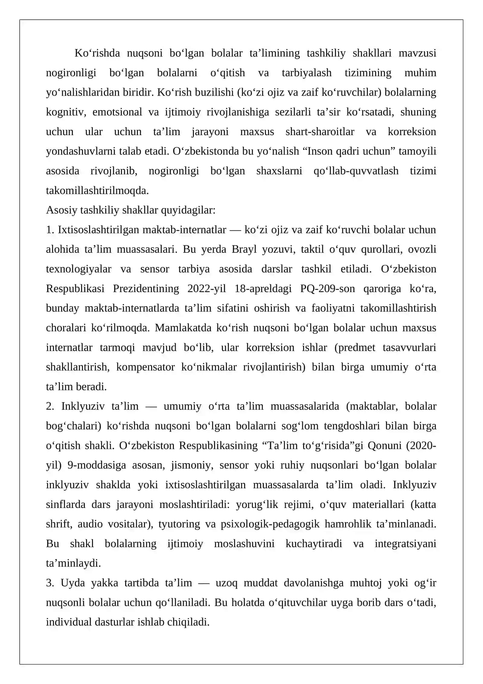 Ko‘rishda nuqsoni bo‘lgan bolalar ta’limining tashkiliy shakllari 2