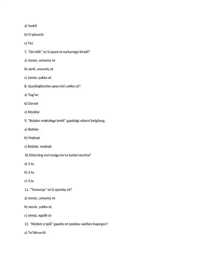soʻz turkumlari boʻyicha test 2