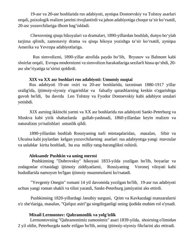 XIX asroxiri XXI asr boshida rus adabiyoti 2