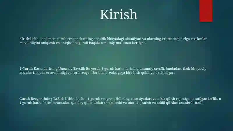 Guruh Kationlarining Umumiy Tavsifi Va Guruh Reagentining Ta'Siri 2