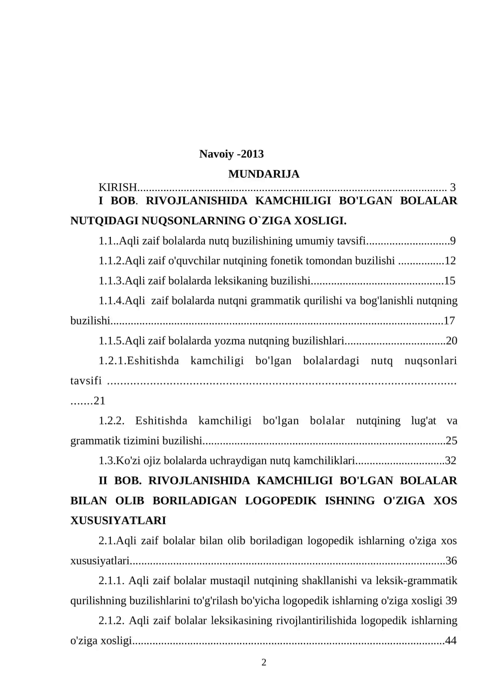 Defektologiya yo’nalishi bo’yicha bakalavr malakaviy darajasini olish uchun tayyorlangan BITIRUV MALAKAVIY ISH 2