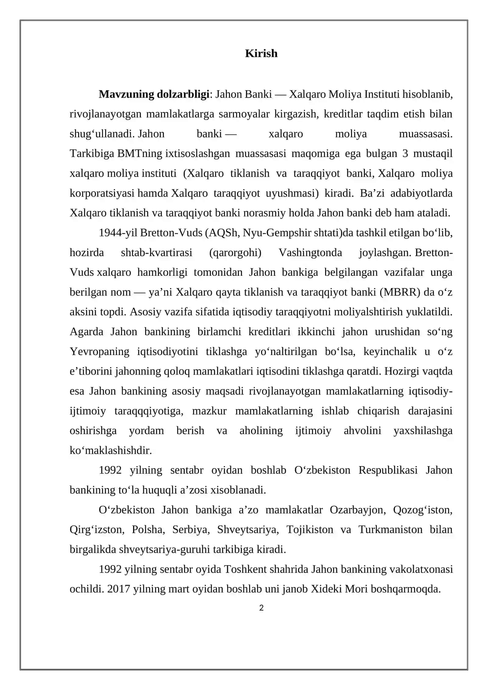 Jahon banki guruhi kredit faoliyatining rivojlanishi 2
