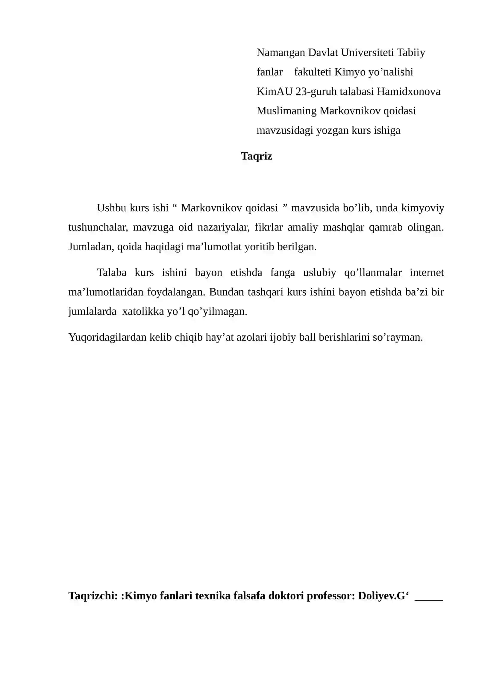 Markovnikov qoidasi kurs ishi 2