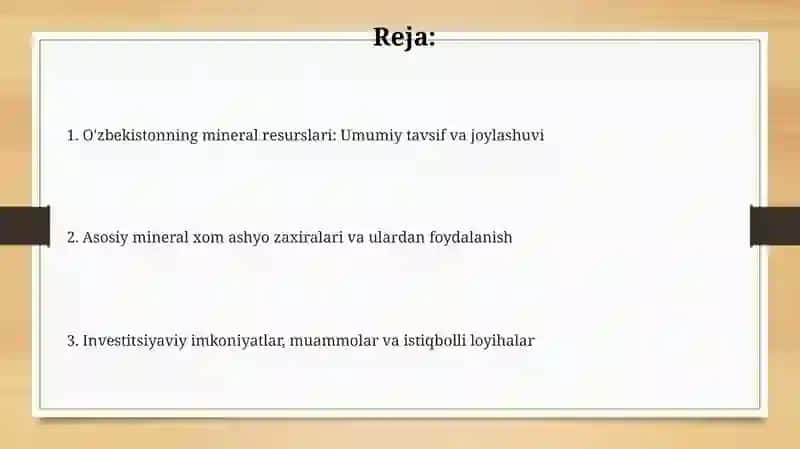 Oʻzbekistonning foydali qazilmalari haqida taqdimot tayyorlash va xaritada belgilash 2