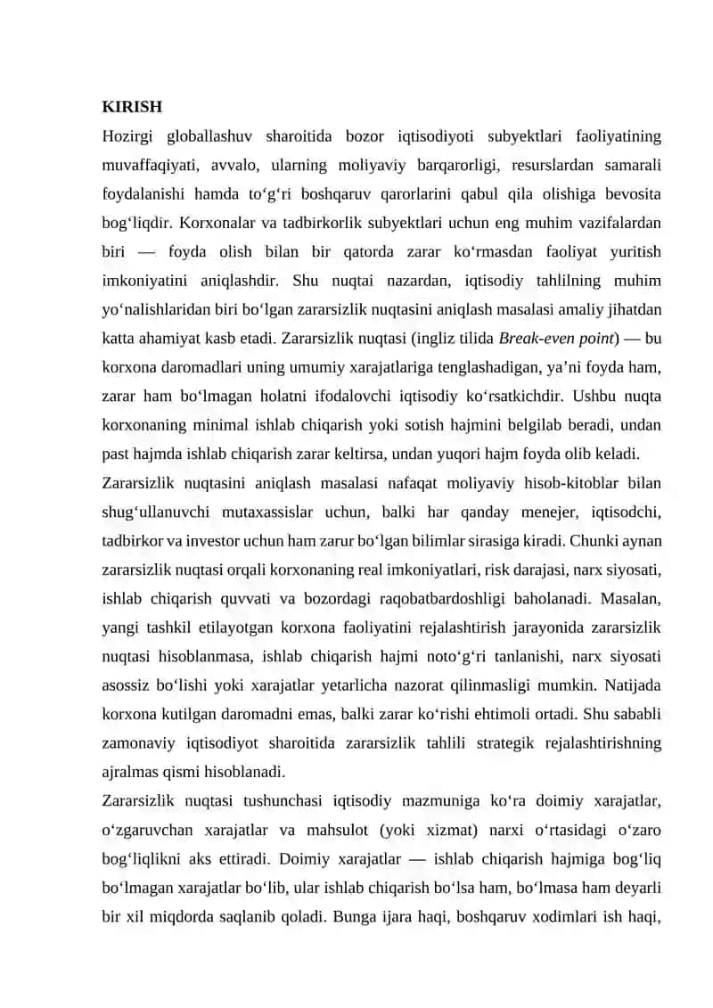 Zararsizlik nuqtasini aniqlovchi formulalar 2