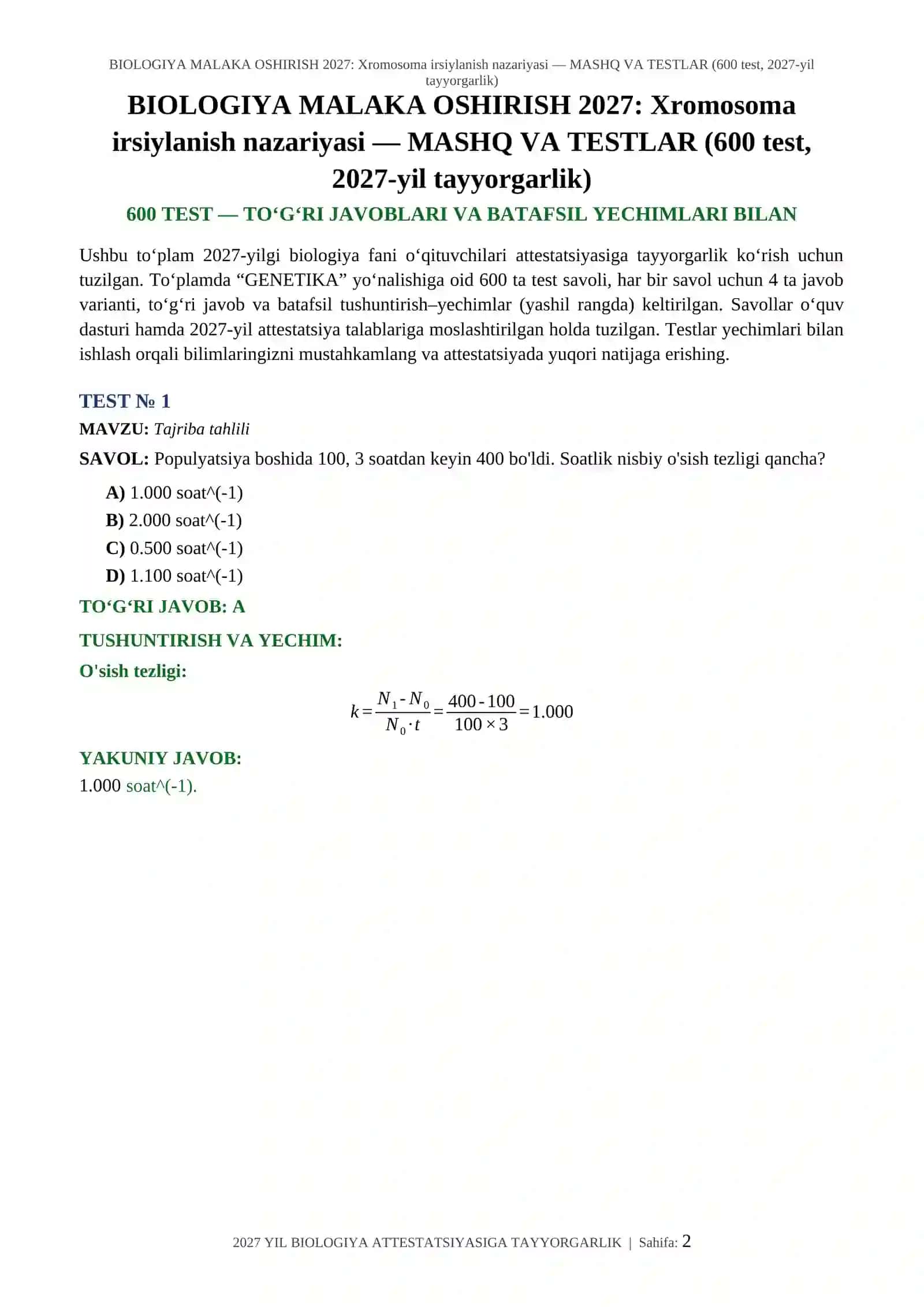 BIOLOGIYA MALAKA OSHIRISH 2027: Xromosoma irsiylanish nazariyasi — MASHQ VA TESTLAR (600 test, 2027-yil tayyorgarlik) 2