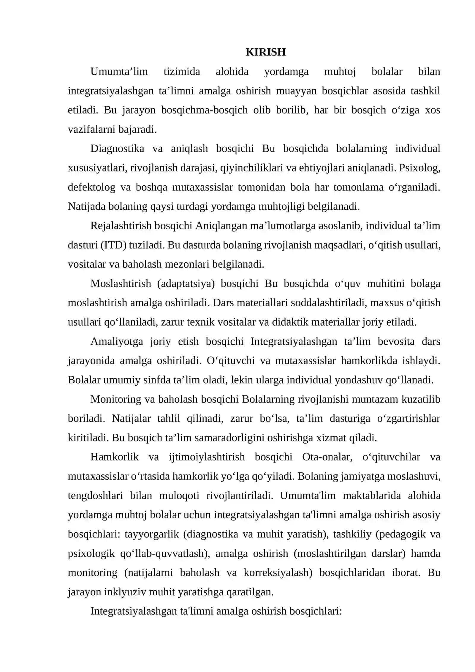 UMUM TA'LIMDA ALOHIDA YORDAMGA MUHTOJ BOLALAR BILAN INTEGRATSIYALSHGAN TA'LIMNI AMALGA OSHIRISHNING ASOSIY BOSQICHLARI 2