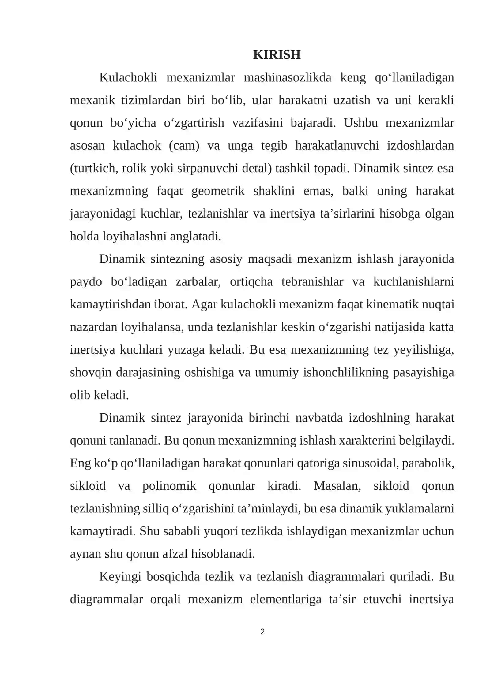 KULACHOKLI MEXANIZMLARNING DINAMIK SINTEZI 2