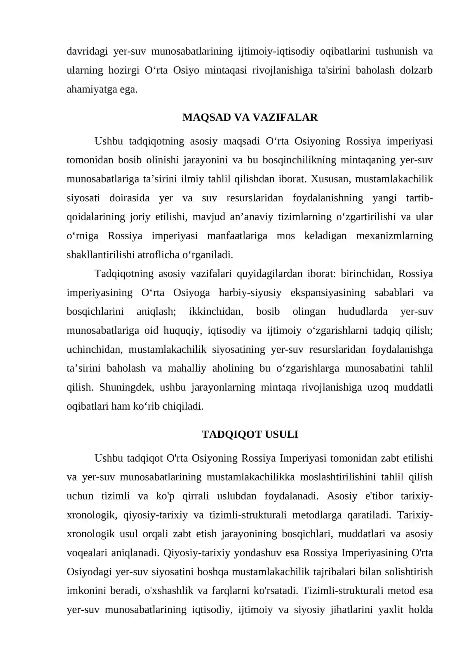O'RTA OSIYONING ROSSIYA IMPERIYASI TOMONIDAN ZABT ETILISHI VA YER-SUV MUNOSABATLARINING MUSTAMLAKACHLIKKA MOSLASHTIRILISHI 2