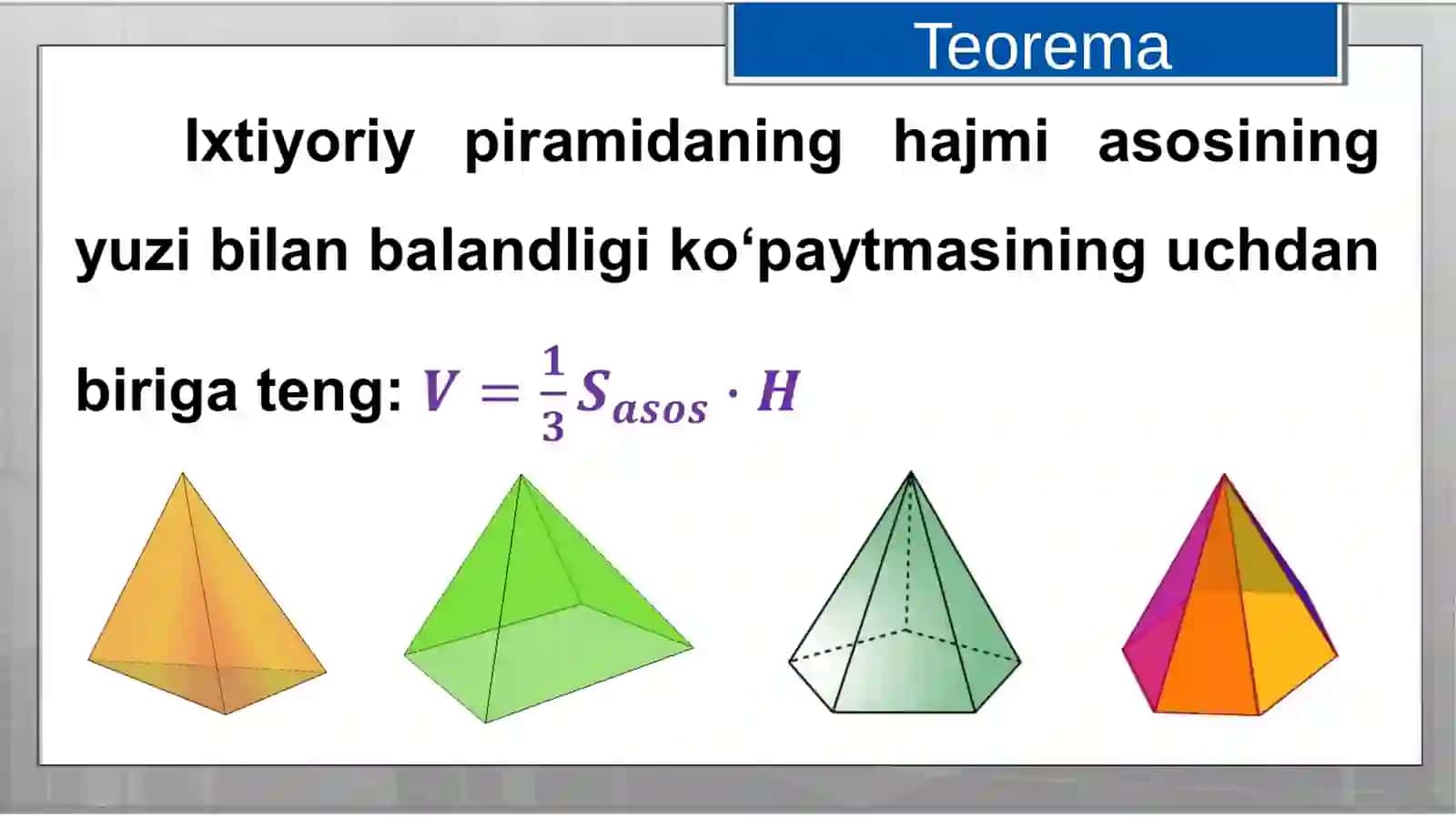 11-sinf Geometriya Piramidaning hajmi Teorema 1-masala 2-masala 2