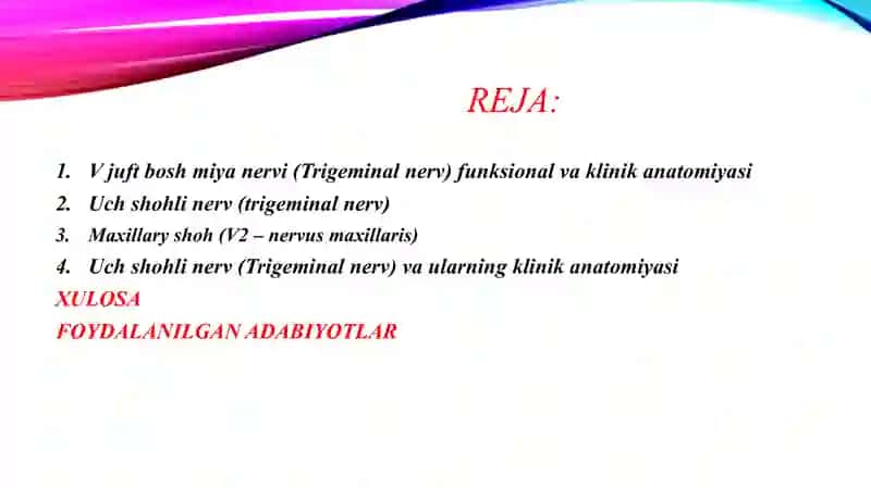 V juft bosh miya nervining funksional va klinik anatomiyasi: o‘zaklari, uch shohlinerv tuguni, proeksiyasi, chiqish joyi, innervatsiyasining umumiy tasnifi. Uch shoxli nervning I, II, III shohi (yuqori jag‘ nervi) funksional va klinik anatomiyasi: tarmoqlari, topografiyasi, innervatsiya sohasi. Qanot-tanglay tuguni: topografiyasi, asosiy tarmoqlari. Yuqori jag‘ va tanglay anesteziyasining anatomo-topografik asosi. 2
