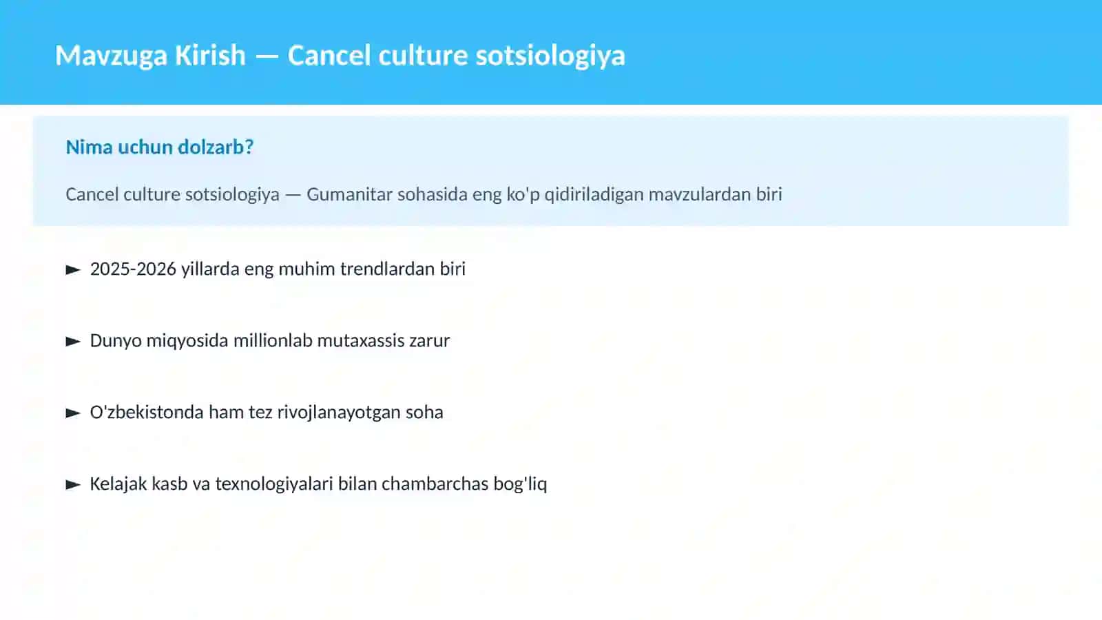 Mavzuga Kirish — Cancel culture sotsiologiya 2