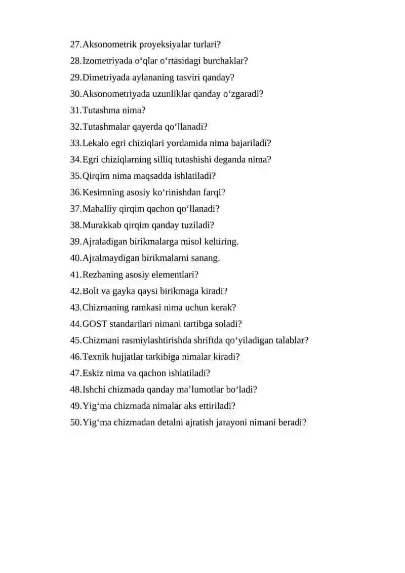 Muhandislik va kompyuter grafikasi fanidan yakuniy nazorat savollari 2
