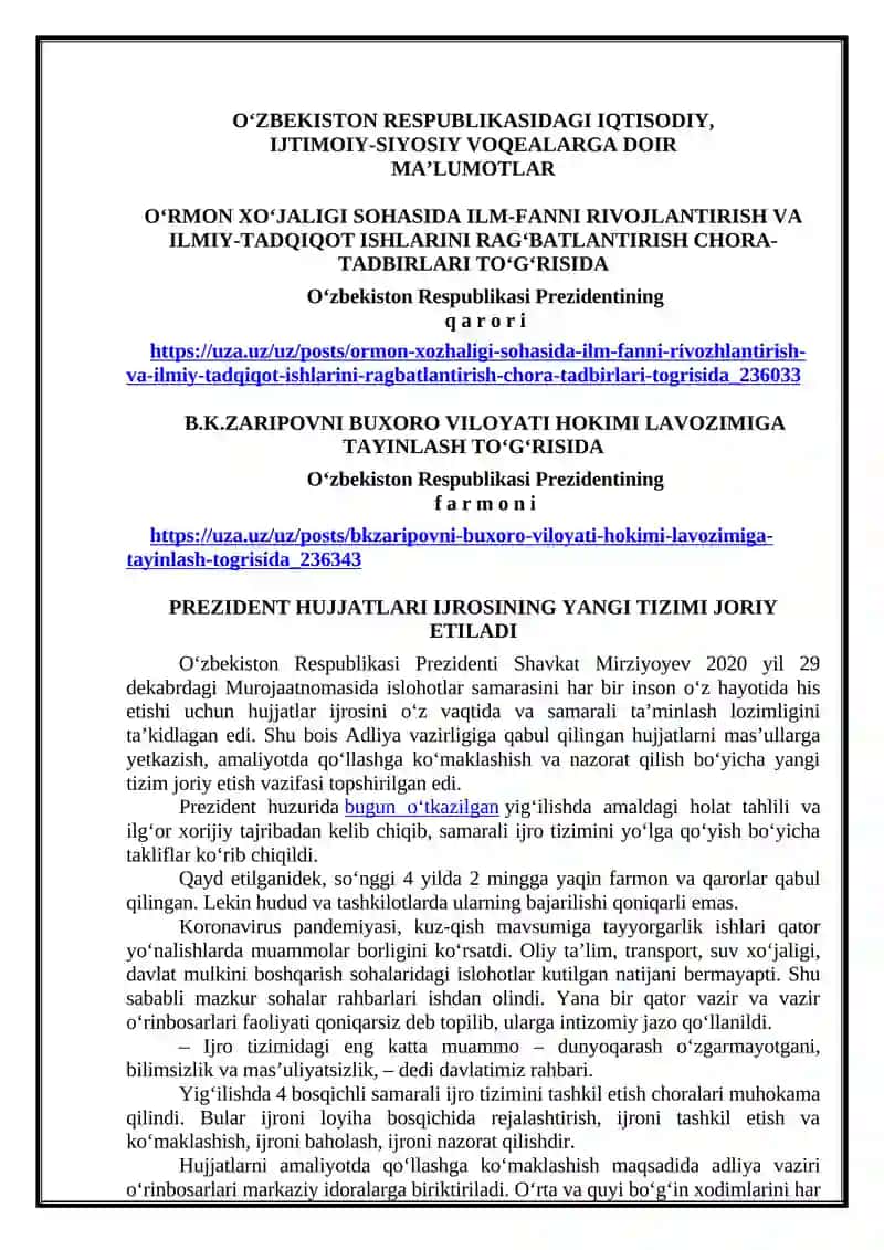 O‘ZBEKISTON RESPUBLIKASIDAGI IQTISODIY, IJTIMOIY-SIYOSIY VOQEALARGA DOIR MA’LUMOTLAR 2