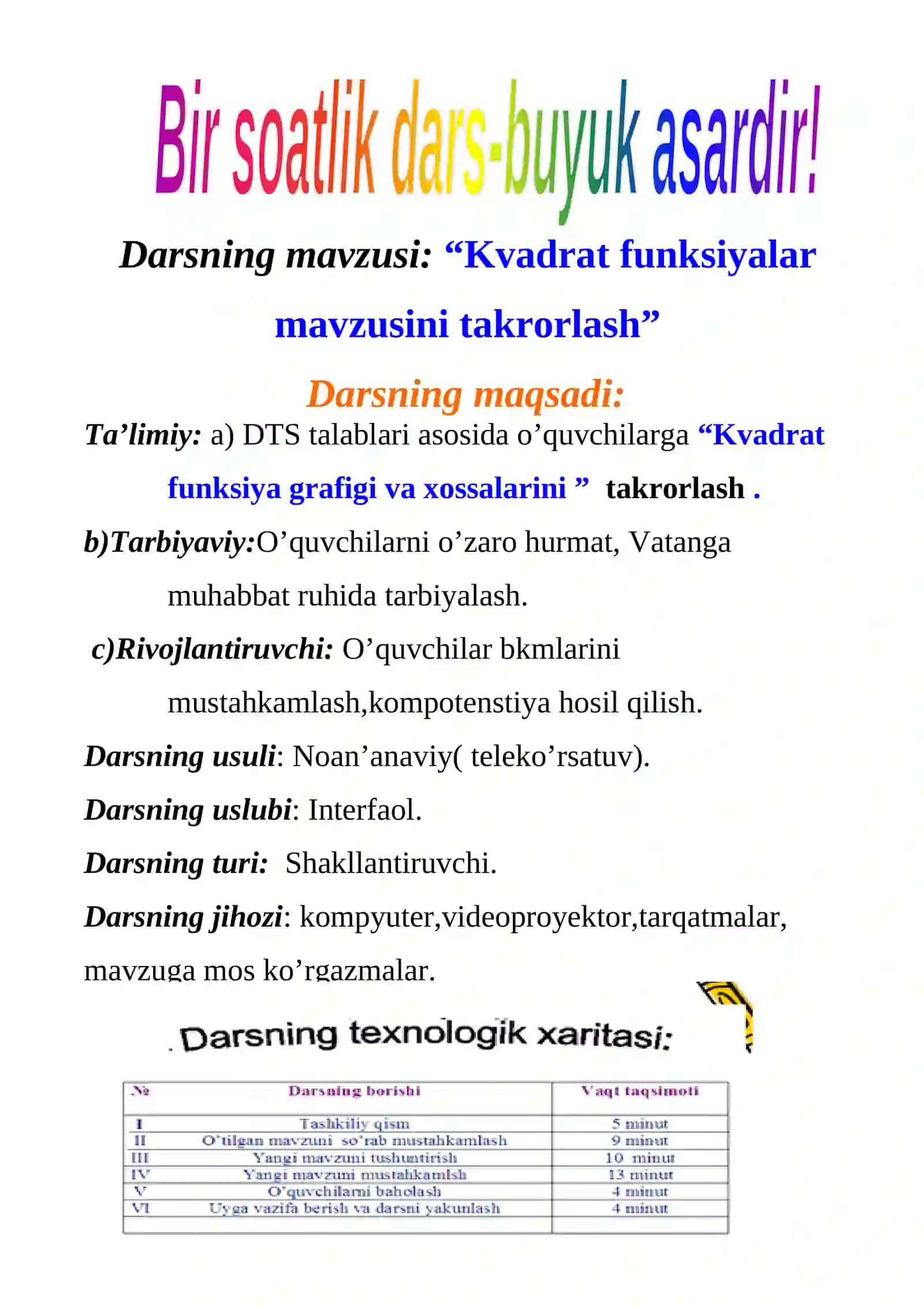 9-sinf Algebra fanidan Kvadrat funksiyaning ta'rifi dars ishlanma 2